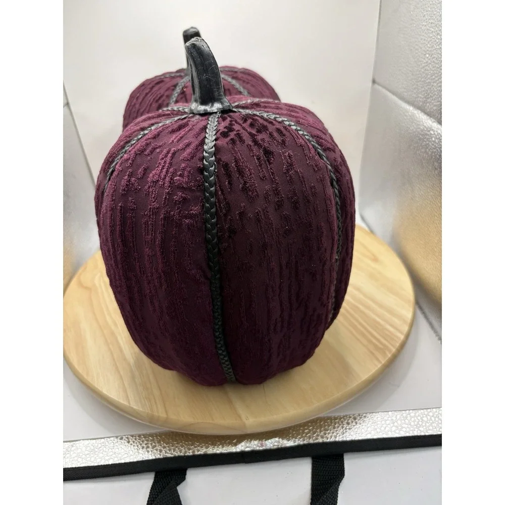 Set of 2 Halloween Fabric Pumpkin Figurines Purple Black Braid Detail 10 in